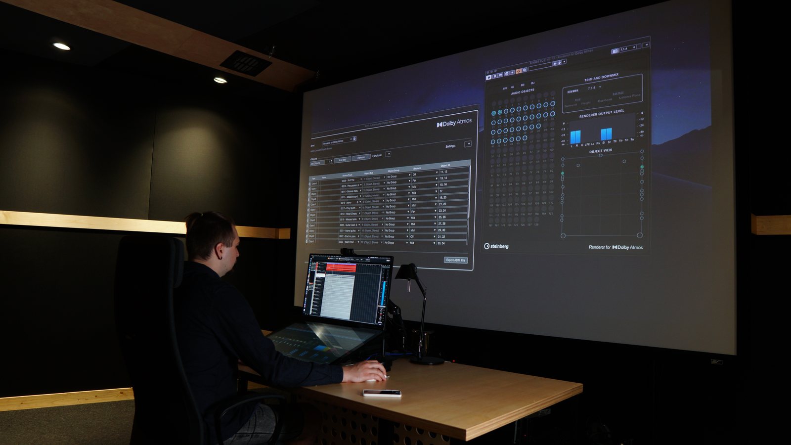 The Dolby Atmos room at Major Mixing, with the renderer on the main screen