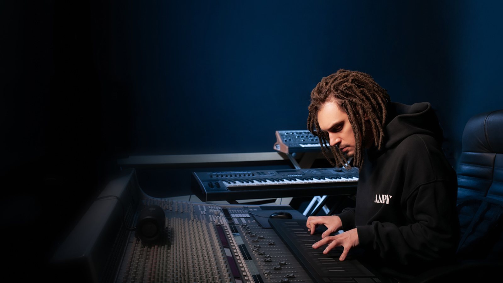 Producing on keys and console in the Major Mixing studio