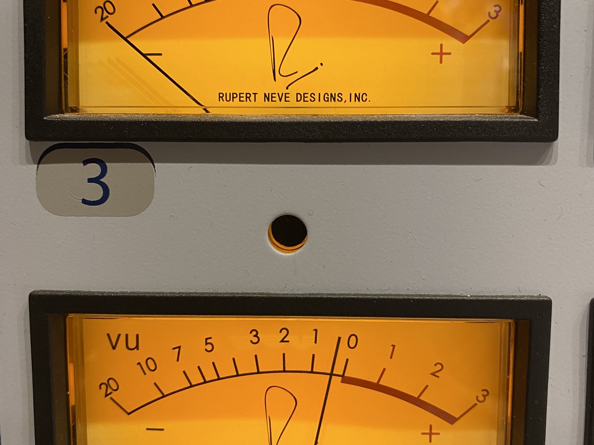 VU meters showing the level ceiling on the mastering console